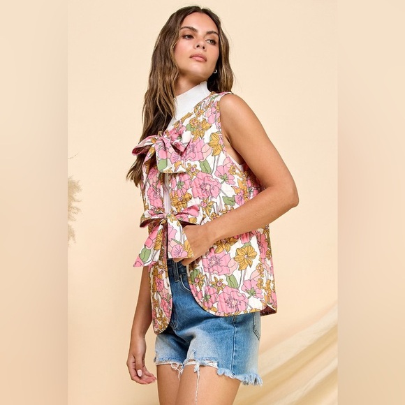 Pink floral tie quilted textured bow boho bohemian coat jacket vest - Picture 6 of 7